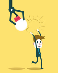 Robot hand stealing idea light bulbs from businessman. vector