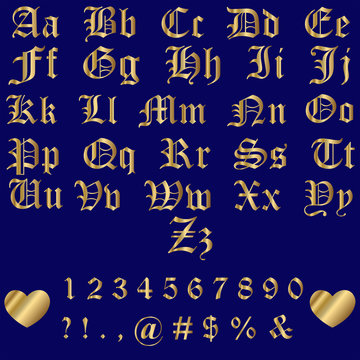 Old English Gold Alphabet Letters and Numbers