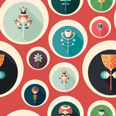 Seamless pattern with colorful flowers on red background.