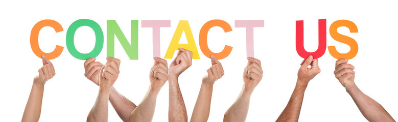 Fototapeta premium People Hands Showing Text Contact Us