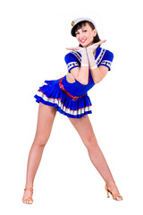 young dancer woman dressed as a sailor posing on an isolated