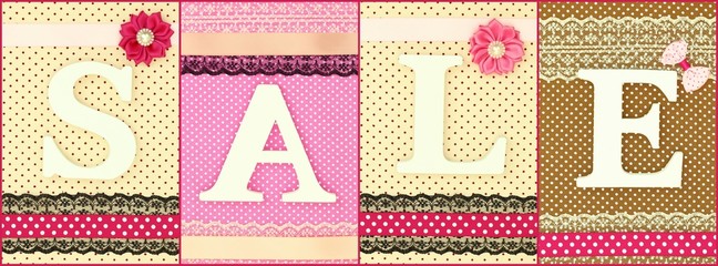 Word Sale with wooden white letters on polka dots background