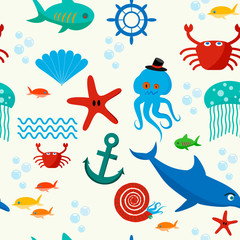 Naklejka premium Underwater and sea animals seamless pattern