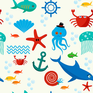 Underwater and sea animals seamless pattern