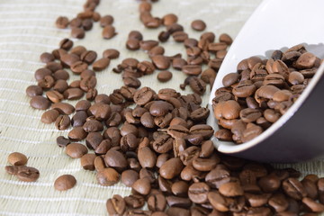 Roasted coffee beans.