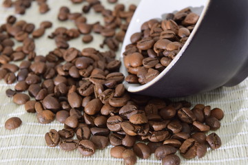 Roasted coffee beans.