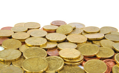 Euro coins on white background.