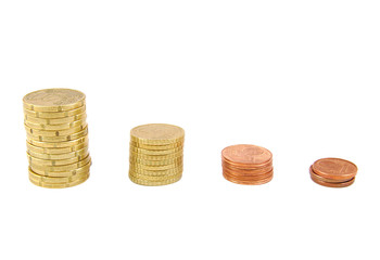 Four euro coins piles isolated on a white background.