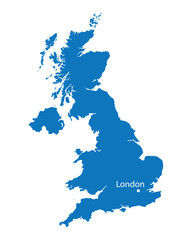 blue map of United Kingdom with the indication of London