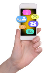 Smart-phone in hand and icons on buttons isolated on white