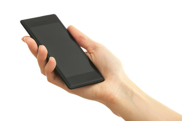 Hand holding mobile smart phone, isolated on white