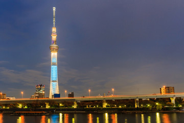 View of Tokyo Sky Tree (634m) at night, the highest free-standin