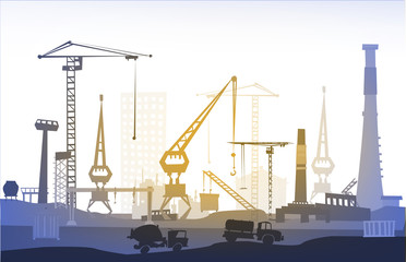 Industrial site view with cranes. Heavy industry background