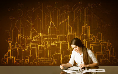 Businesswoman with buildings and numbers