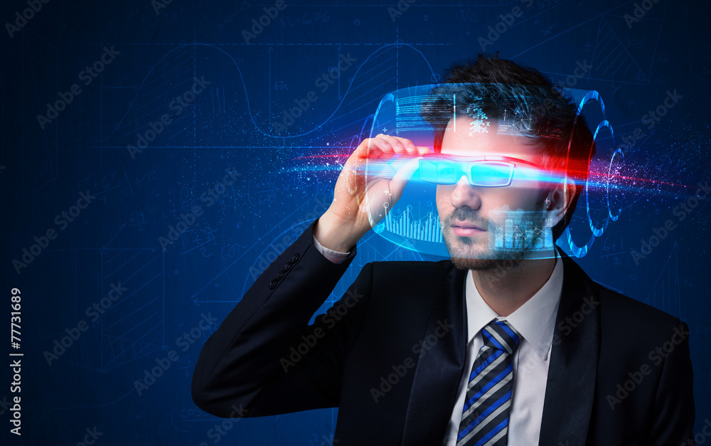 Poster man with future high tech smart glasses