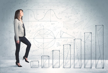 Business woman climbing up on hand drawn graphs concept