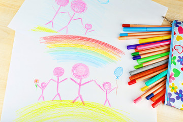 Drawing made by child with colorful pencils