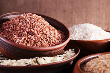 Different kinds of rice in bowls