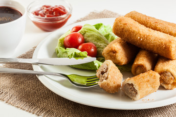 Croquettes with meat and beetroot soup