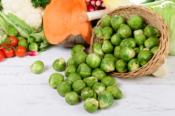 basket of Brussel Sprouts with vegetables