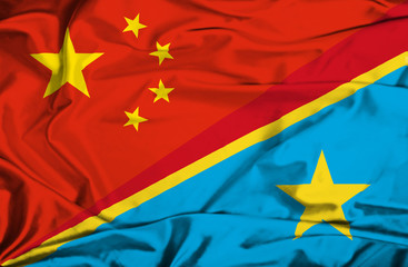 Waving flag of Congo Democratic Republic and China