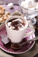 Hot chocolate with marshmallows in mug,