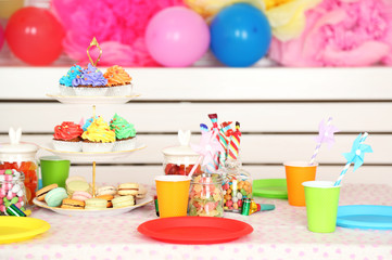 Prepared birthday table with sweets for children party