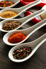 Different kinds of spices in ceramics spoons, close-up,