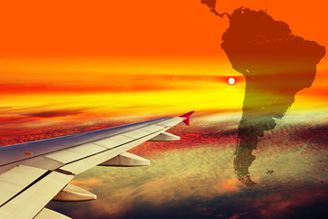 Wing airplane on South America map background.