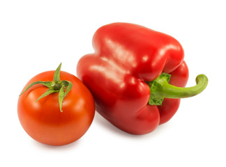 red bell pepper and tomato isolated on white background