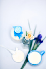 Obraz na płótnie Canvas Still life with milk, dairy products,flowers, white tulips