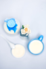 Still life with milk, dairy products,flowers, white tulips