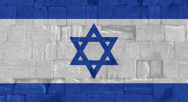 National flag of Israel with wailing wall background