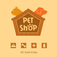 Logo with animals for pet shop. Cat and dog in the house. Vector