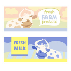 Fresh farm products. Happy cow on meadow. Editable banner