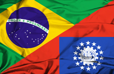 Waving flag of Myanmar and Brazil