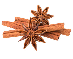 cinnamon stick and star anise spice isolated on white background