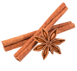 cinnamon stick and star anise spice isolated on white background