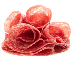 Salami sausage slices isolated on white background cutout