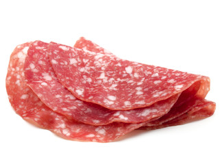 Salami sausage slices isolated on white background cutout