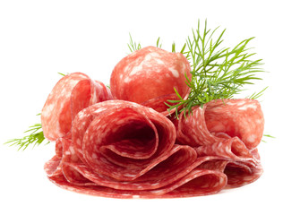 Salami sausage slices isolated on white background cutout