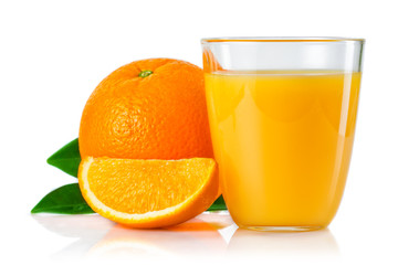 Glass with orange juice and fruits with green leaves isolated on