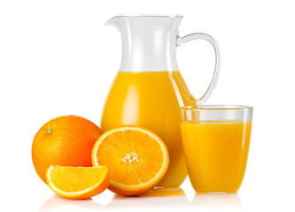 Jug and glass with orange juice and fruits with slices isolated
