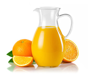 Naklejka na ściany i meble Jug with orange juice and fruits with green leaves isolated