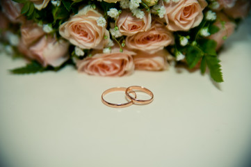 wedding rings on a white background with a bouquet of blue ribbo