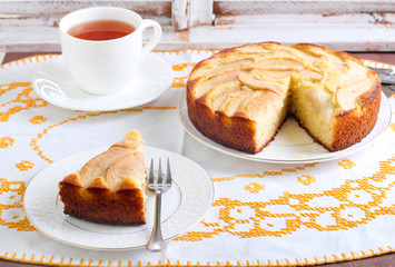 Slice of pear topped cake