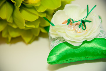 wedding rings lie on a green cushion for rings