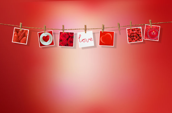 Clothesline with pictures on red background