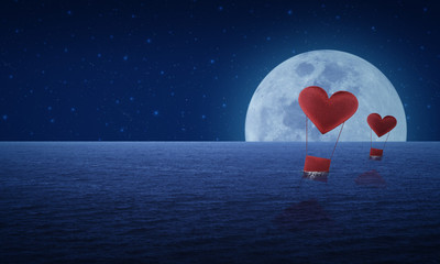 Fototapeta na wymiar Red fabric heart air balloon on fantasy sea sky and moon,