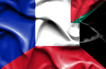 Waving flag of Kuwait and France